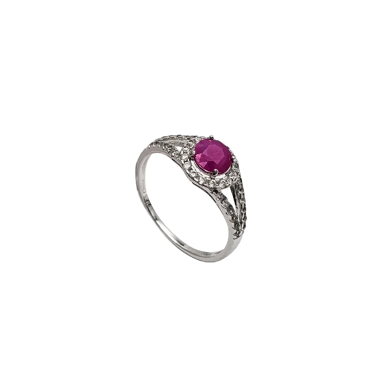 Ladies engagement rings unique cut band -Ruby & Round Zirconia Engagement Ring (Silver)