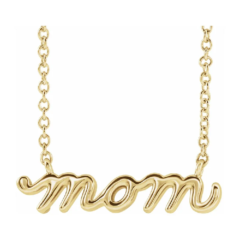 ladies-flower-silver-necklaces-14K Yellow Gold Petite Mom Script Necklace, 16 Inch or 18 Inch