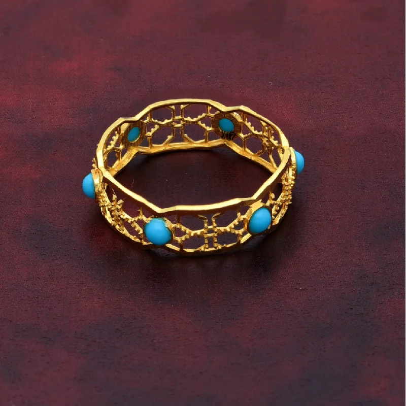 Ladies rings for charity events -Gold Hollow Flower Turquoise Design Ring 21KT - FKJRN21K9051