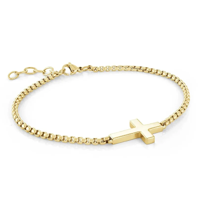 ladies-luxury-cuff-bracelets-GOLD PLATED STEEL BRACELET WITH SIDEWAYS CROSS