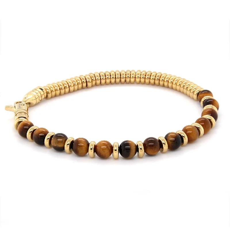 ladies-everyday-diamond-bracelets-MEN'S GOLD ION PLATED STEEL BRACELET WITH TIGER EYE GEMS