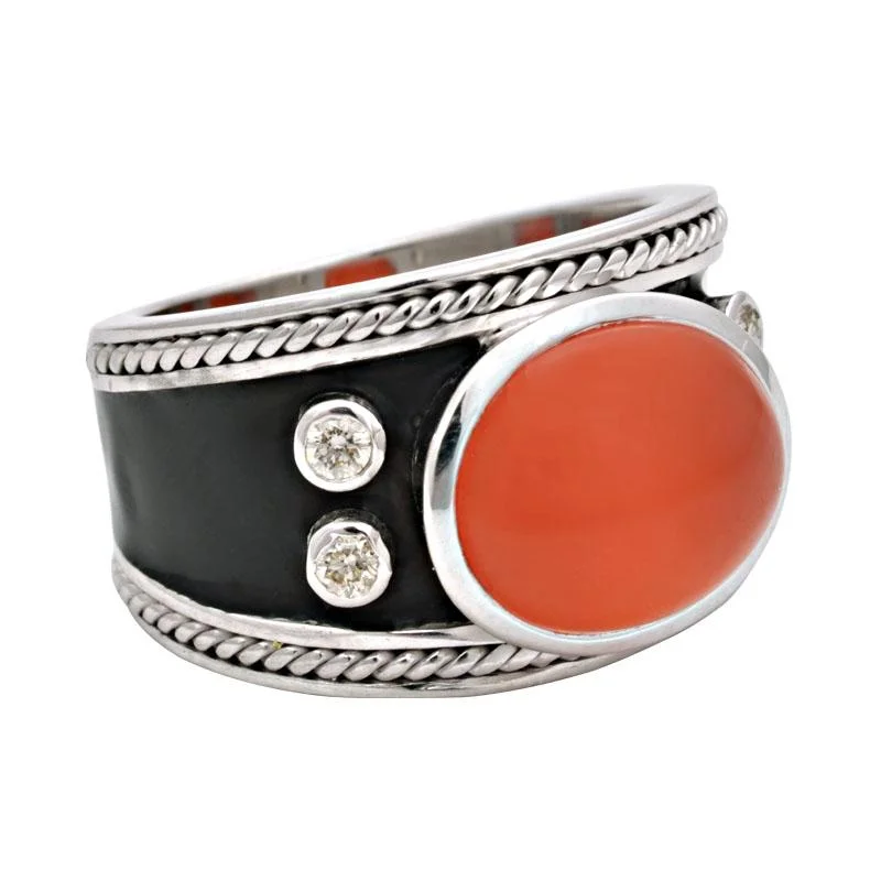 Ladies rings delicate bands -Ring-Cornelian and Diamond (Enamel)  (177QS)