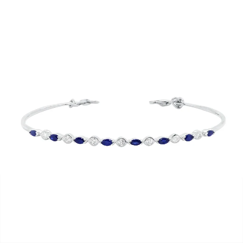 ladies-silver-heart-bracelets-WHITE GOLD BANGLE BRACELET WITH MARQUISE SAPPHIRES AND ROUND DIAMONDS, .21 CT TW