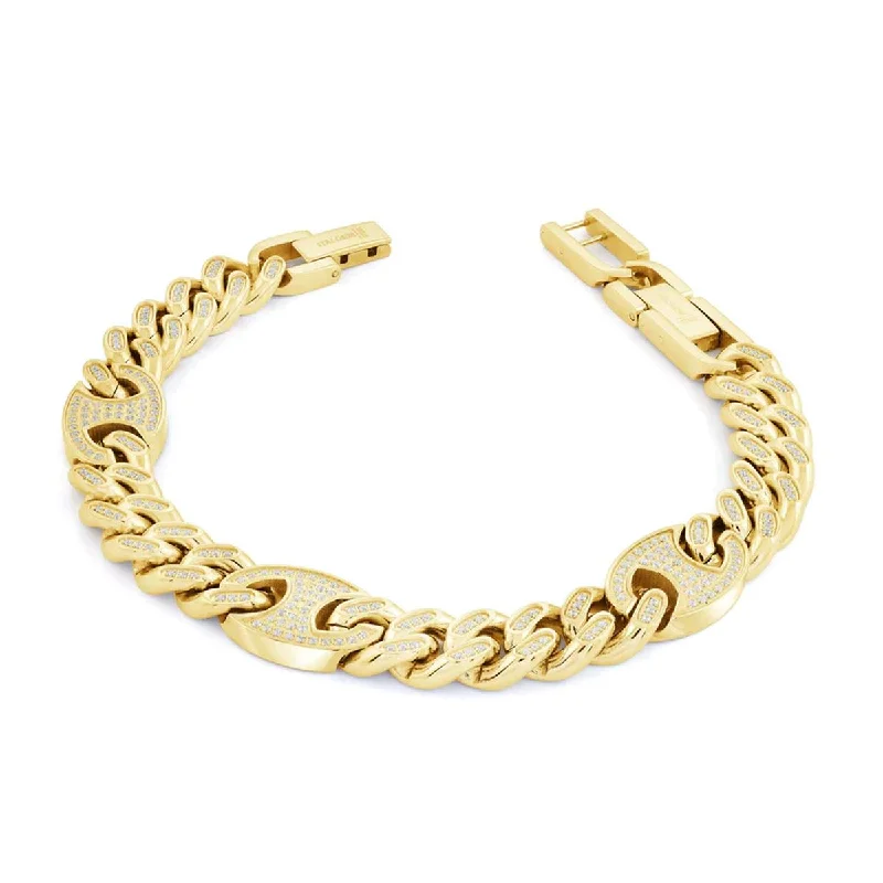 ladies-tassel-gold-bracelets-MEN'S GOLD PLATED STAINLESS STEEL GUCCI LINK BRACELET WITH CUBIC ZIRCONIA