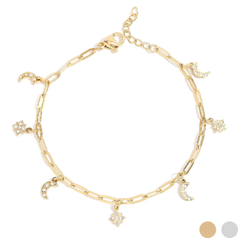 ladies-moon-gold-bracelets-18K Gold PVD Stainless Steel Moon & Star Charm Bracelet / BRJ1009