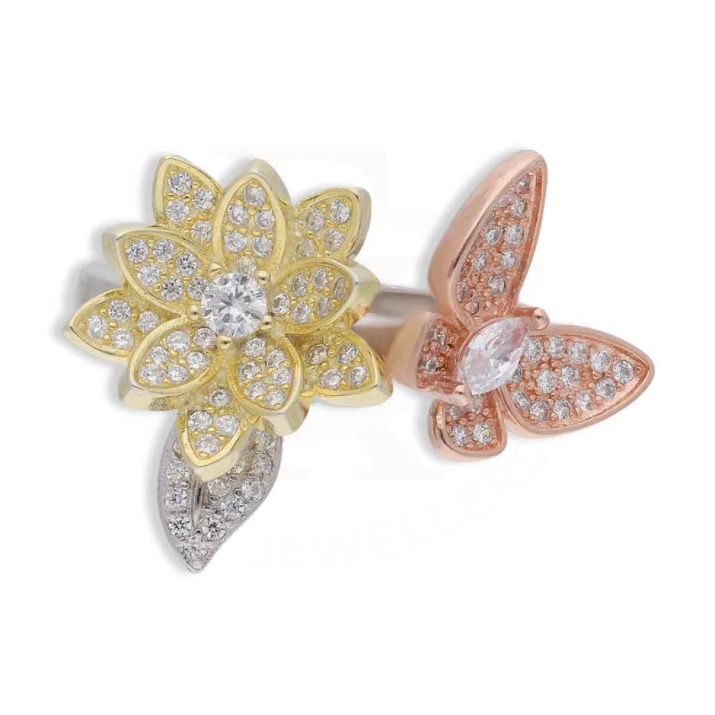 Ladies rings artistic bands -Trio Tone Sterling Silver 925 Flower With Butterfly Ring - FKJRNSL3651