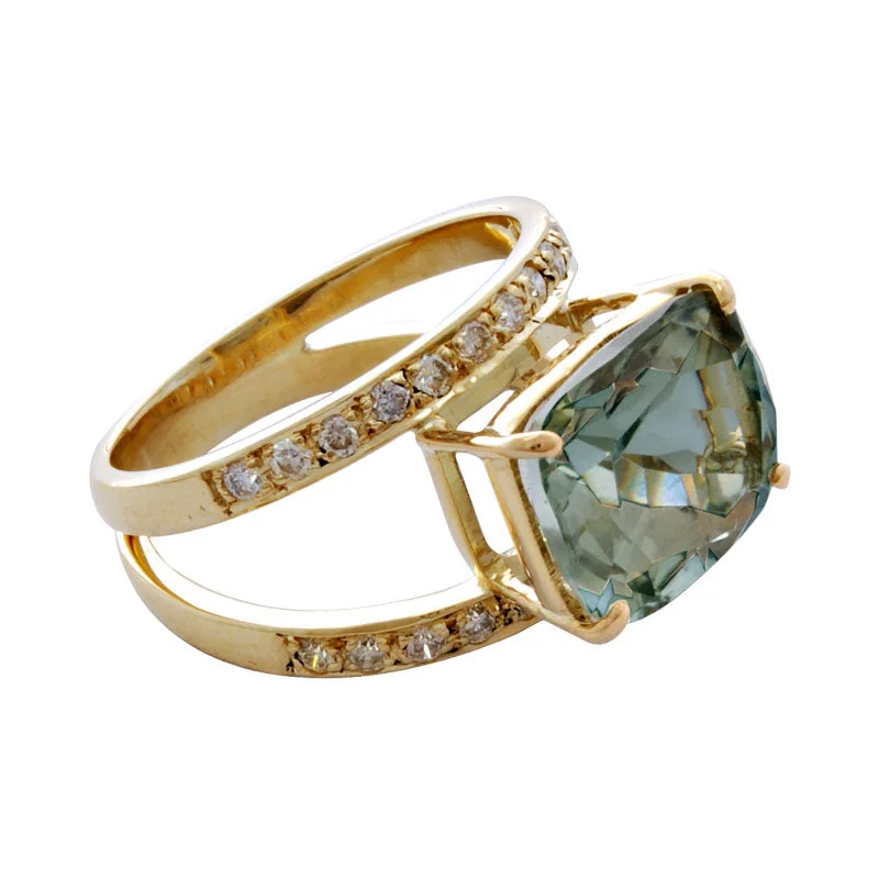 Ladies rings beaded details -Ring-Green Quartz and Diamond