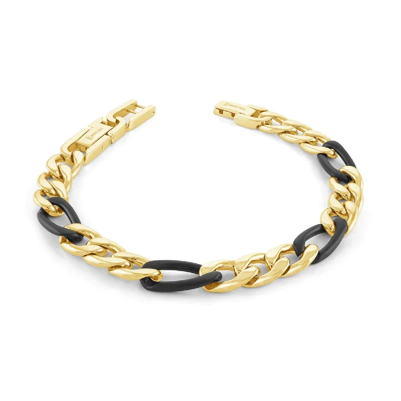 ladies-infinity-rose-gold-bracelets-MEN'S YELLOW AND BLACK PLATED STAINLESS STEEL FIGARO BRACELET, 9.5MM WIDE