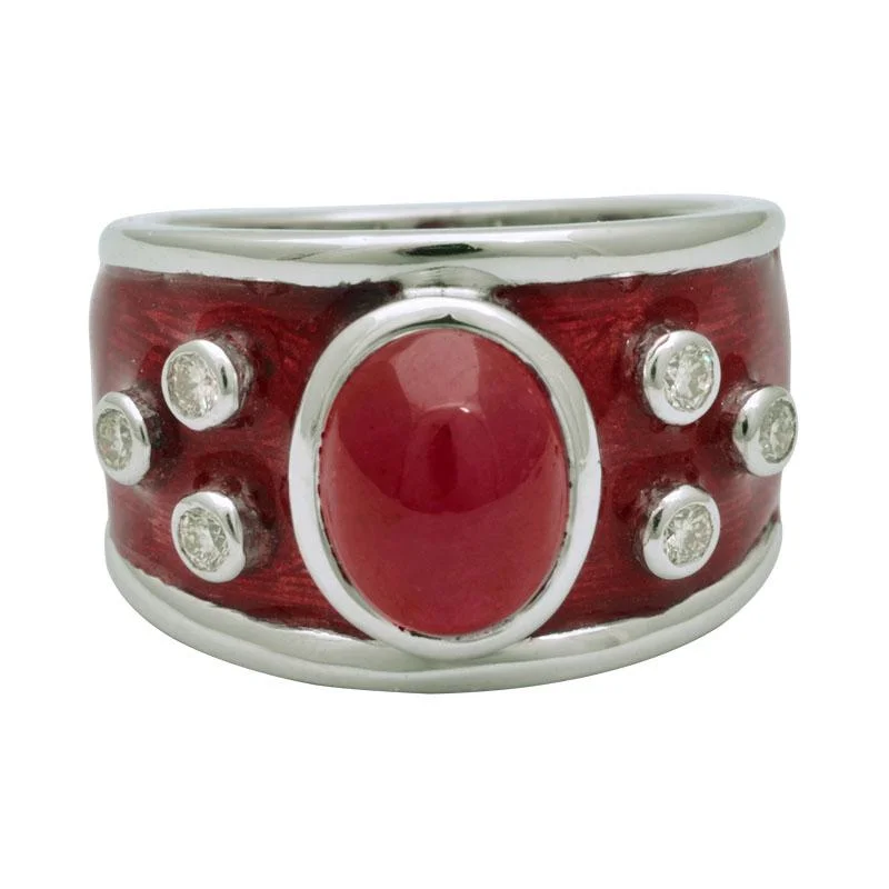 Ladies rings for date nights -Ring-Ruby and Diamond (Enamel)  (190OS)