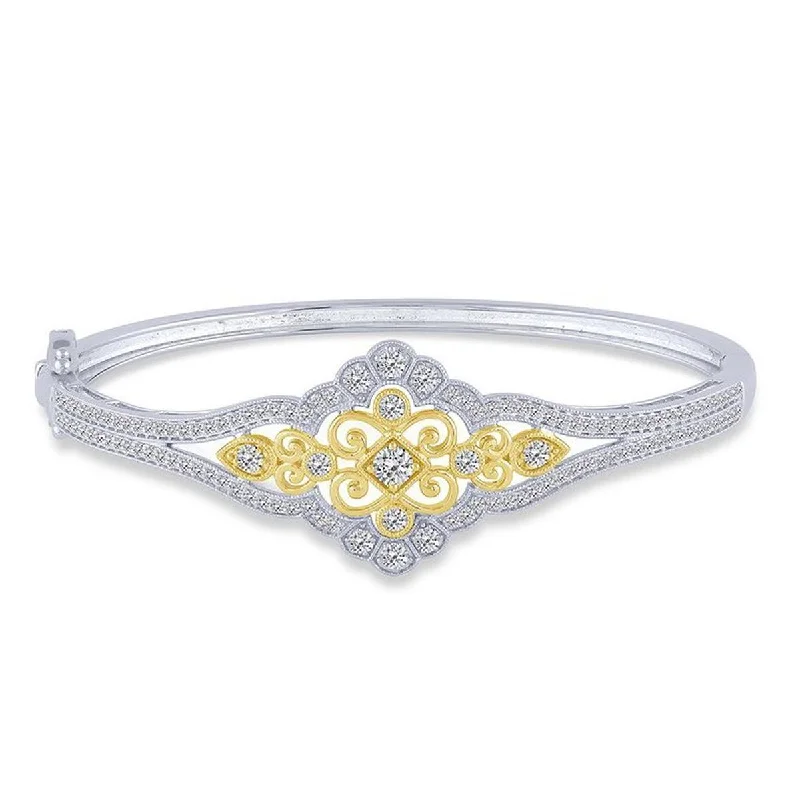 ladies-gift-bracelets-TWO-TONE GOLD DIAMOND BANGLE BRACELET WITH INTRICATE DETAILING, 1 1/2 CT TW