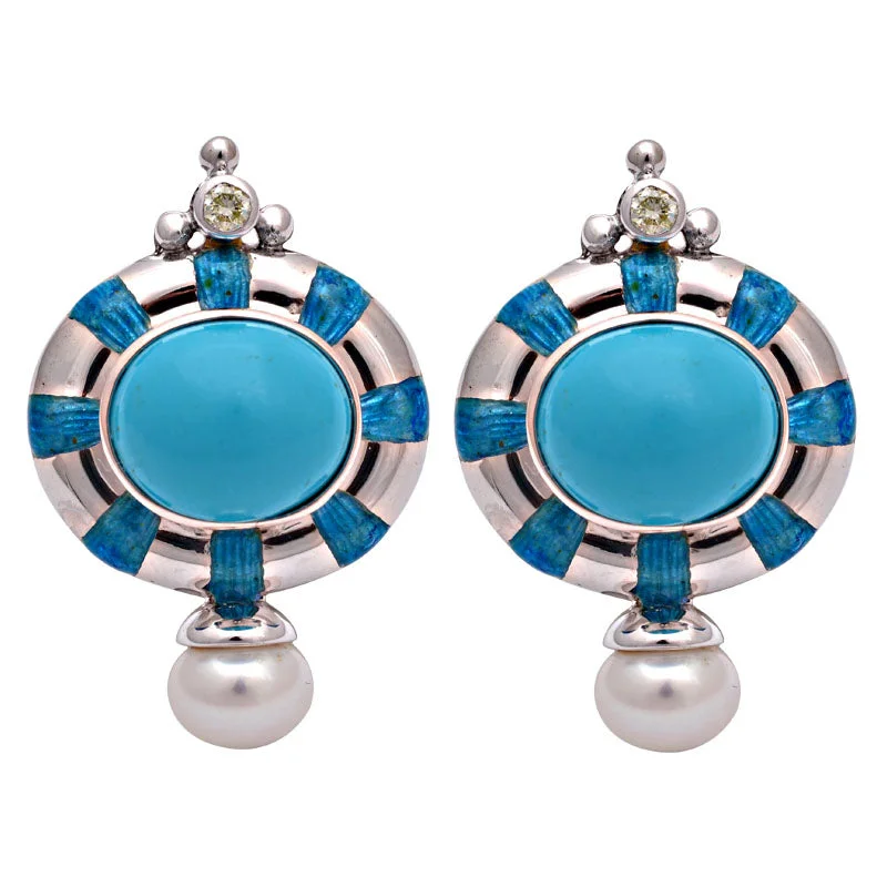 ladies-charm-silver-necklaces-Earrings-Synthetic Turquoise, Fresh Water Pearl and Diamond (Enamel)