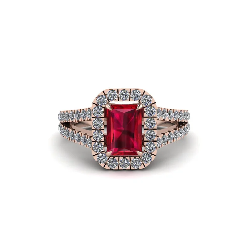 Ladies engagement rings brushed band -Radiant Cut Ruby Halo Split Shank Engagement Ring - Lainey No. 11