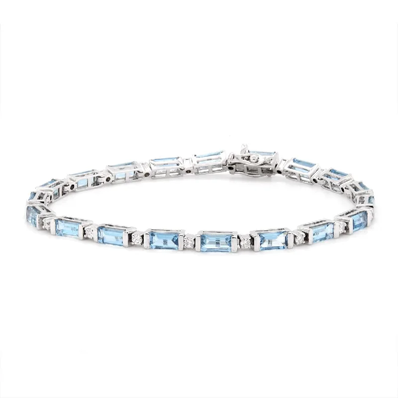 ladies-gold-star-bracelets-WHITE GOLD BRACELET WITH BAGUETTE AQUAMARINES AND ROUND DIAMONDS, .46 CT TW