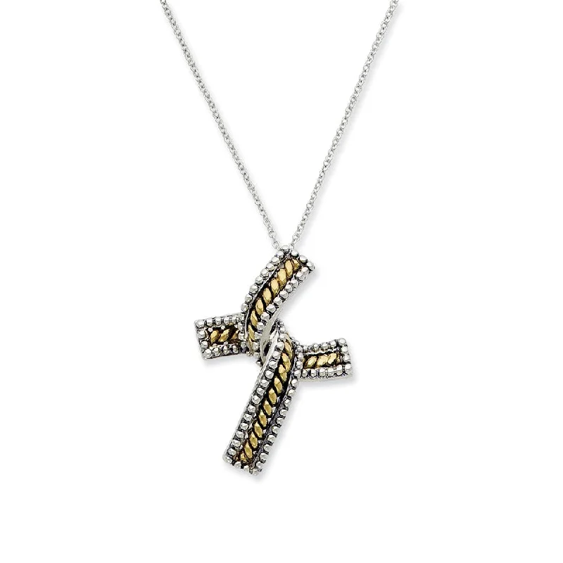 ladies-bridal-heart-necklaces-Rhodium & Gold Tone Plated Silver Completion Cross Necklace, 18 Inch