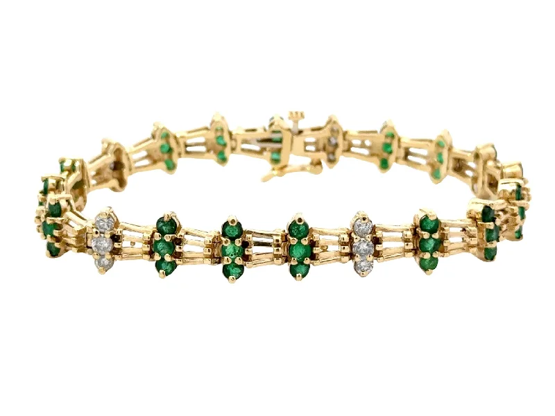 ladies-trendy-gold-bracelets-Emerald and Diamond Link Bracelet 14k Yellow Gold