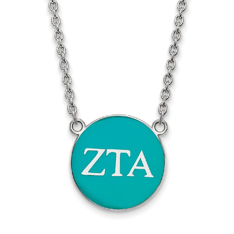 ladies-handmade-pendant-necklaces-Sterling Silver Zeta Tau Alpha Large Turqouise Enamel Disc Necklace