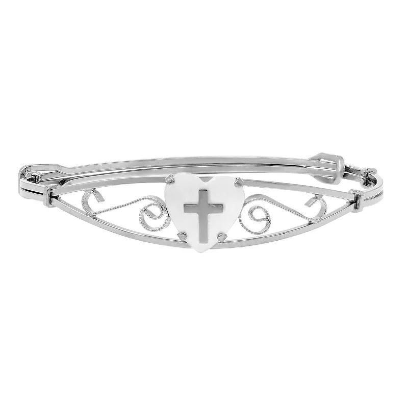 ladies-everyday-gold-bracelets-STERLING SILVER CHILDREN'S BANGLE BRACELET WITH HEART AND CROSS