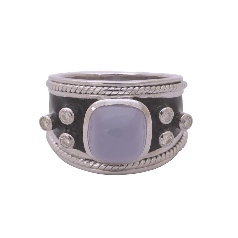 Ladies rings elegant bands -RING- CHALCEDONY AND DIAMOND (ENAMEL) IN SILVER