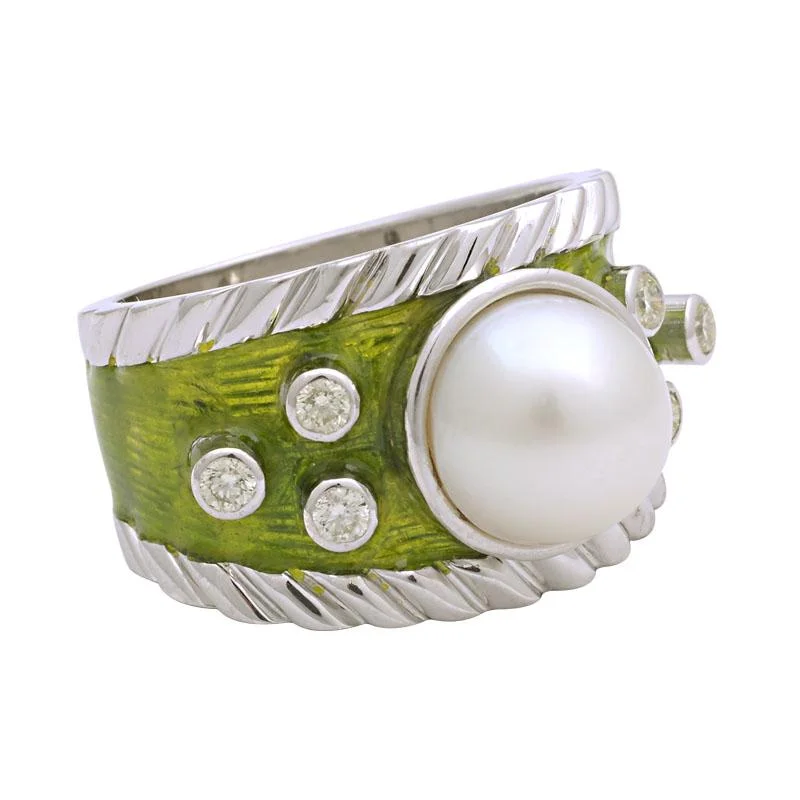 Ladies rings for galas -Ring-South Sea Pearl and Diamond (Enamel)  (124HS)