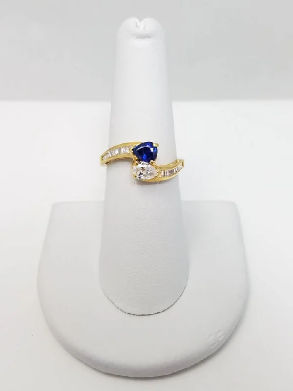 Ladies rings retro bands -Enchanting 18k Yellow Gold Cubic Zirconia Natural Sapphire Diamond Toi Et Moi Ring