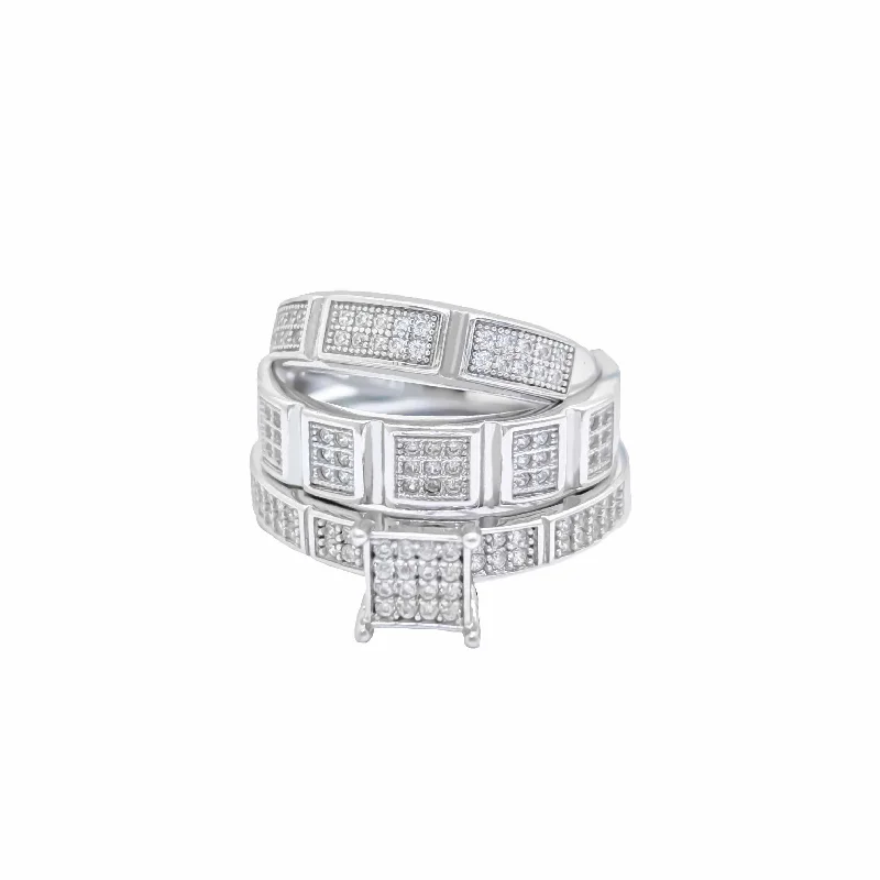 Ladies engagement rings for chic proposals -Three-Set Pave Square CZ Engagement Ring (Silver)