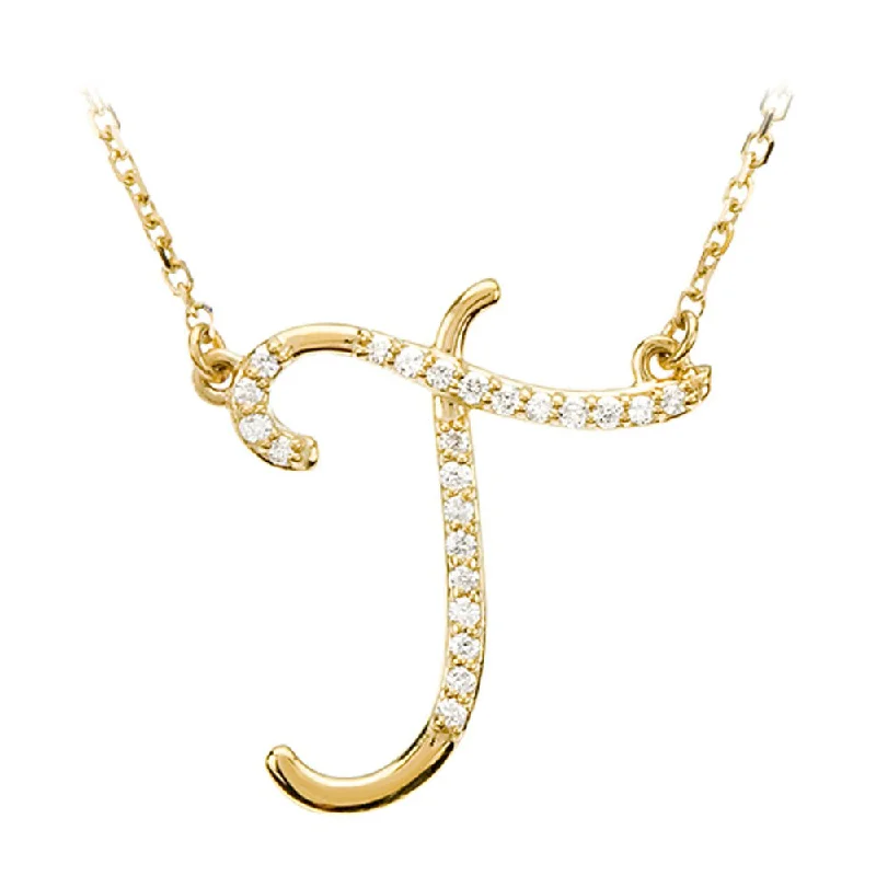 ladies-locket-pearl-necklaces-1/8 Ctw Diamond 14k Yellow Gold Medium Script Initial T Necklace, 17in