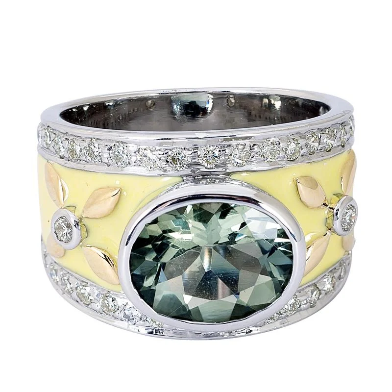 Ladies rings artistic rings -Ring- Green Quartz and Diamond (Enamel)  (24JM)