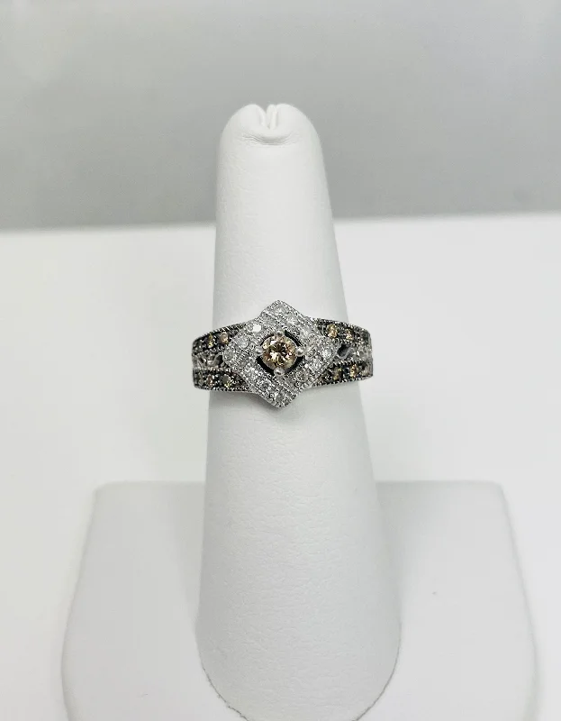 Ladies rings engraved patterns -1/3ctw Natural White & Brown Diamond 14k White Gold Ring