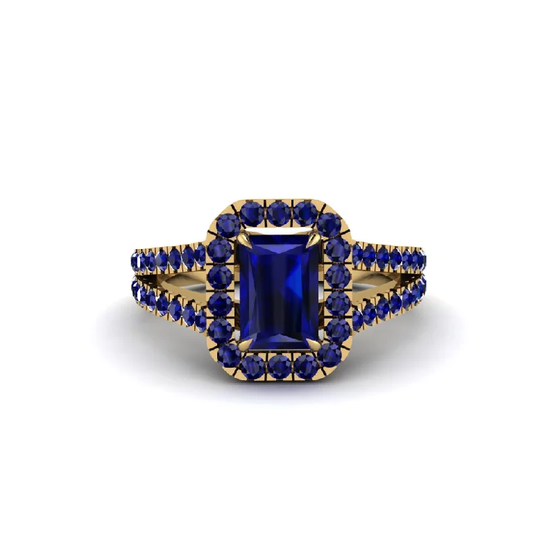 Ladies engagement rings for timeless love -Radiant Cut Sapphire Halo Split Shank Engagement Ring - Lainey No. 73