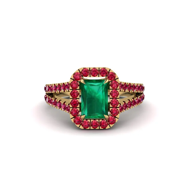 Ladies engagement rings for unique weddings -Radiant Cut Emerald Halo Split Shank Engagement Ring - Lainey No. 49