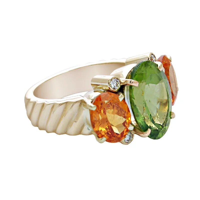 Ladies rings with onyx -Ring-Peridot, Orange Garnet and Diamond  (1698L)