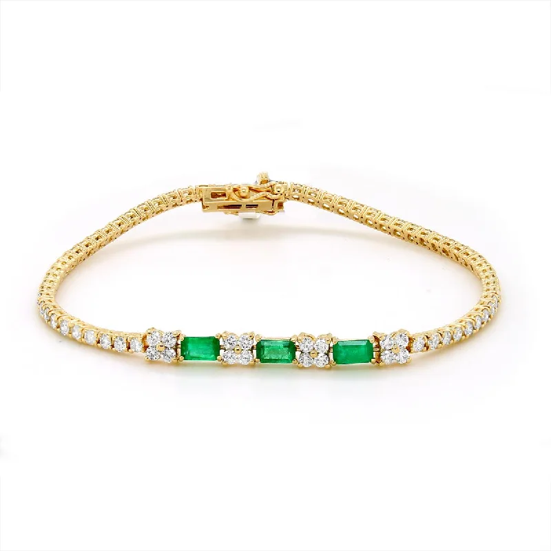 ladies-affordable-gold-bracelets-YELLOW GOLD BRACELET WITH BAGUETTE EMERALDS AND ROUND DIAMONDS, 2.30 CT TW