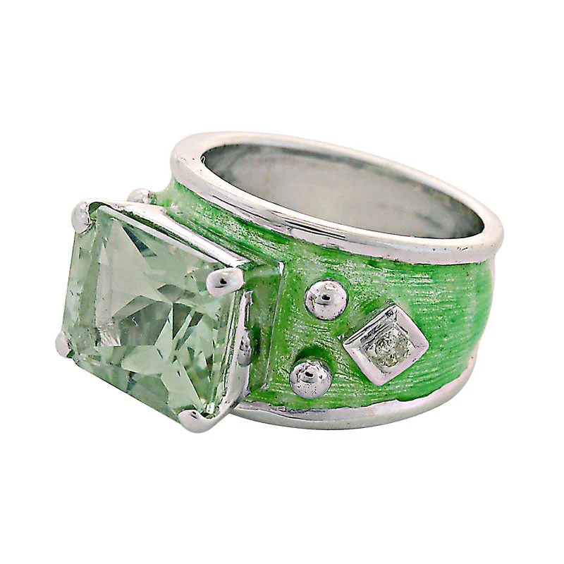 Ladies rings for workshops -Ring-Green Quartz and Diamond (Enamel)