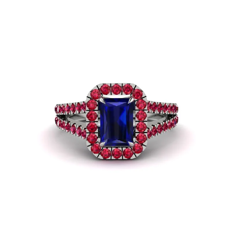 Ladies engagement rings chic cut -Radiant Cut Sapphire Halo Split Shank Engagement Ring - Lainey No. 60