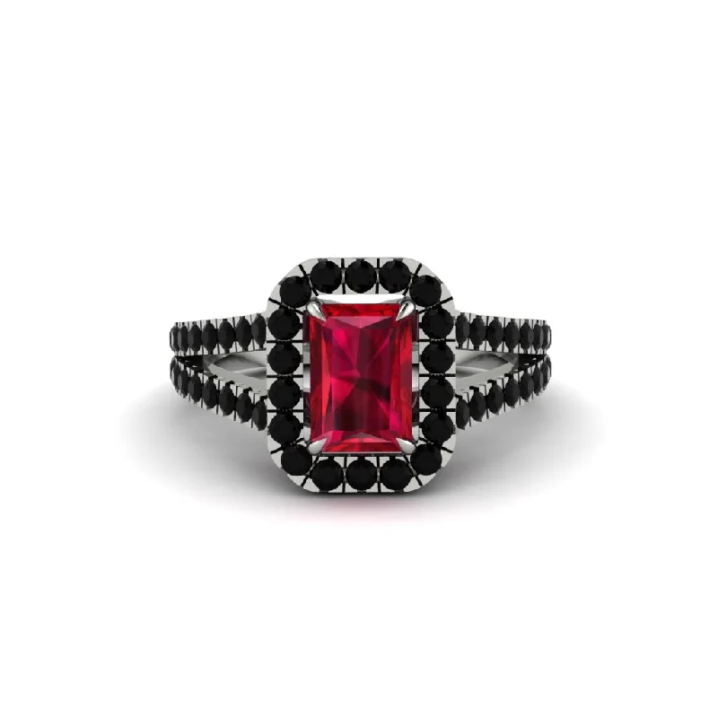 Ladies engagement rings for chic proposals -Radiant Cut Ruby Halo Split Shank Engagement Ring - Lainey No. 42