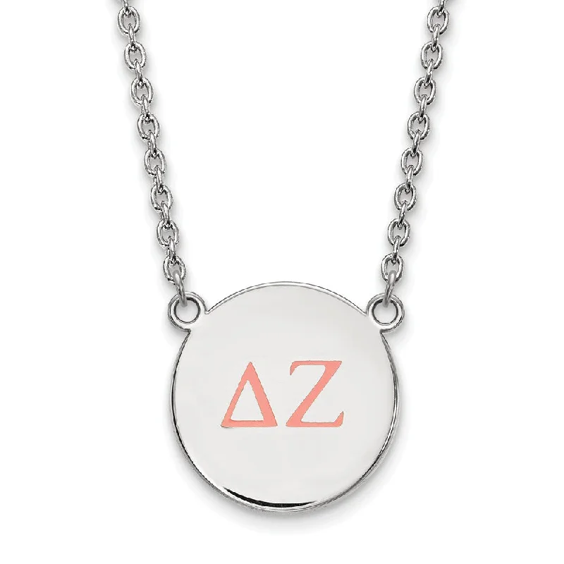 ladies-luxury-heart-necklaces-Sterling Silver Delta Zeta Large Coral Enamel Greek Letters Necklace