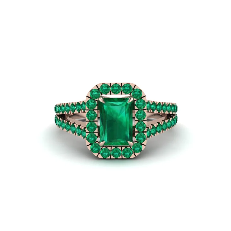 Ladies engagement rings for chic weddings -Radiant Cut Emerald Halo Split Shank Engagement Ring - Lainey No. 20