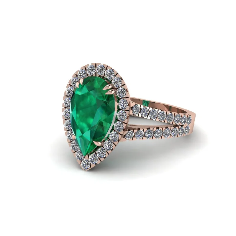 Ladies engagement rings bold cut design -Pear Emerald Halo Split Shank Engagement Ring - Helena No. 5