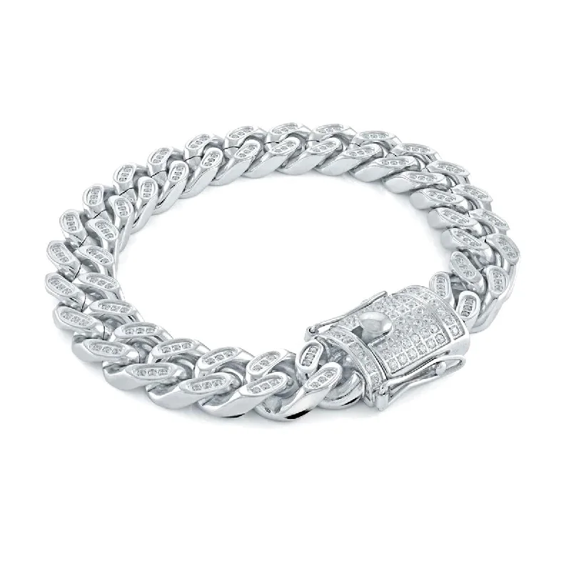 ladies-initial-pearl-bracelets-MEN'S STAINLESS STEEL CUBAN LINK BRACELET WITH CUBIC ZIRCONIA, 14MM WIDE