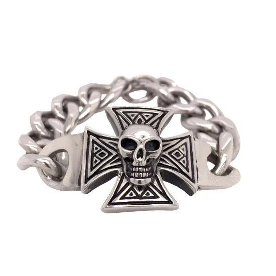 ladies-silver-cuff-bracelets-Stainless Steel Maltese Cross with Skull Bracelet / BCJ0154