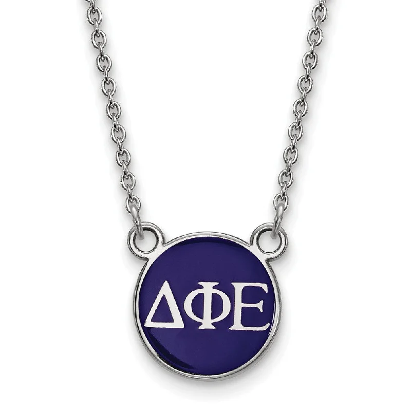 ladies-sterling-silver-star-necklaces-Sterling Silver Delta Phi Epsilon Small Blue Enamel Disc Necklace