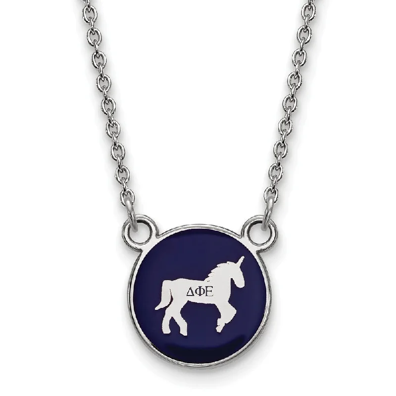 ladies-statement-gold-necklaces-Sterling Silver Delta Phi Epsilon Sm Blue Enamel Unicorn Disc Necklace