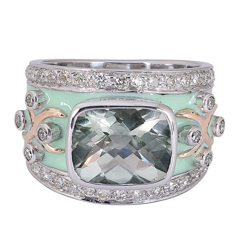 Ladies rings classic settings -Ring- Green Quartz and Diamond (Enamel)  (24MM)