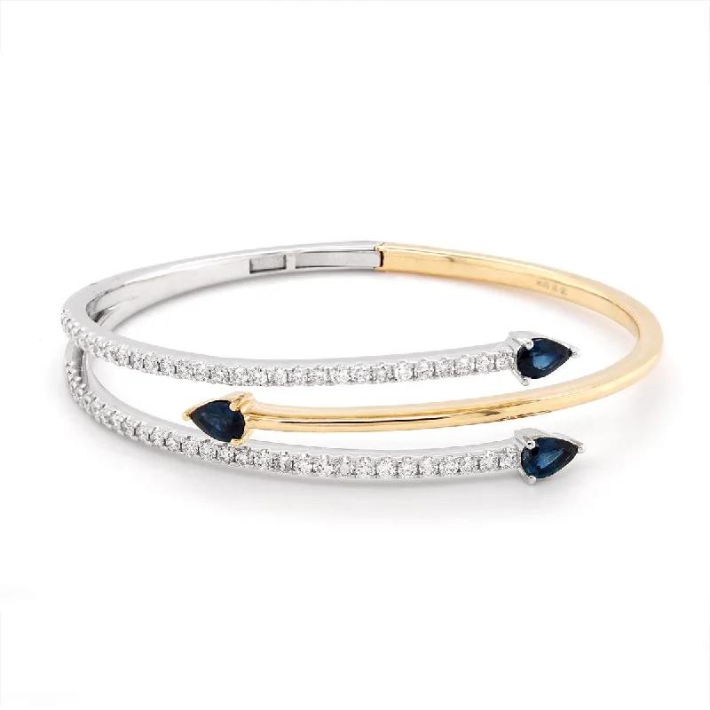 ladies-statement-pearl-bracelets-TWO-TONE GOLD BANGLE BRACELET WITH PEAR SAPPHIRES AND ROUND DIAMONDS, 1.30 CT TW