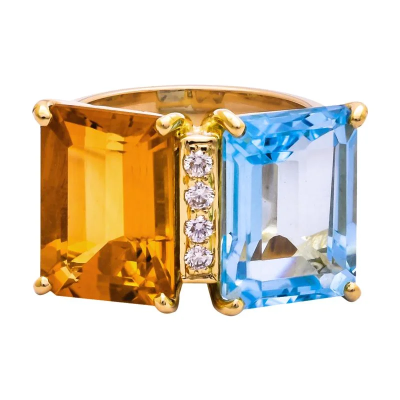 Ladies rings with leaf designs -Ring- Blue Topaz, Citrine and Diamond  (2202D)