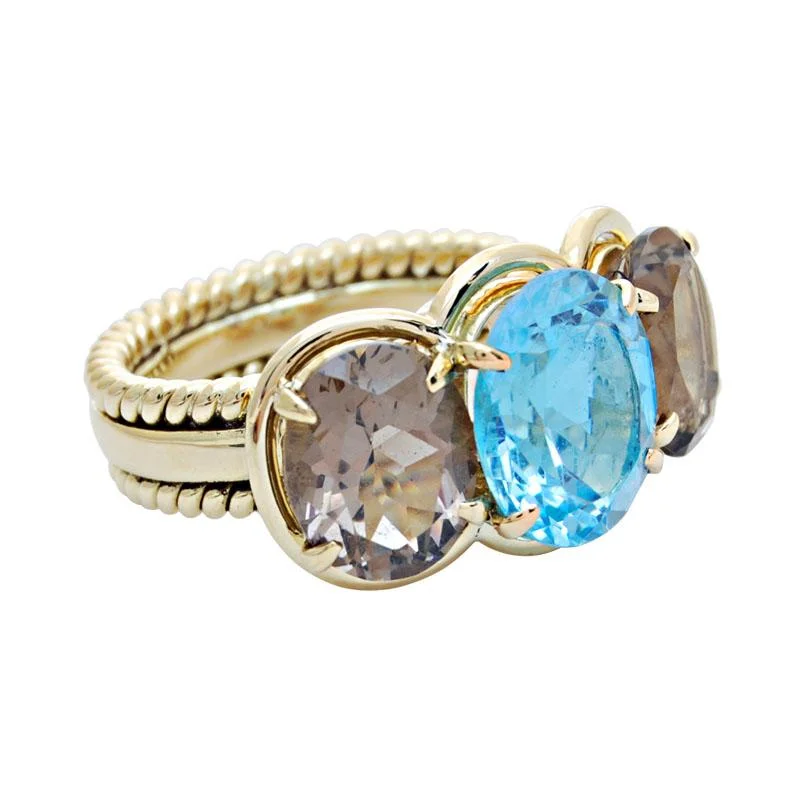 Ladies rings organic shapes -Ring-Blue Topaz and Smokey Quartz  (1740N)