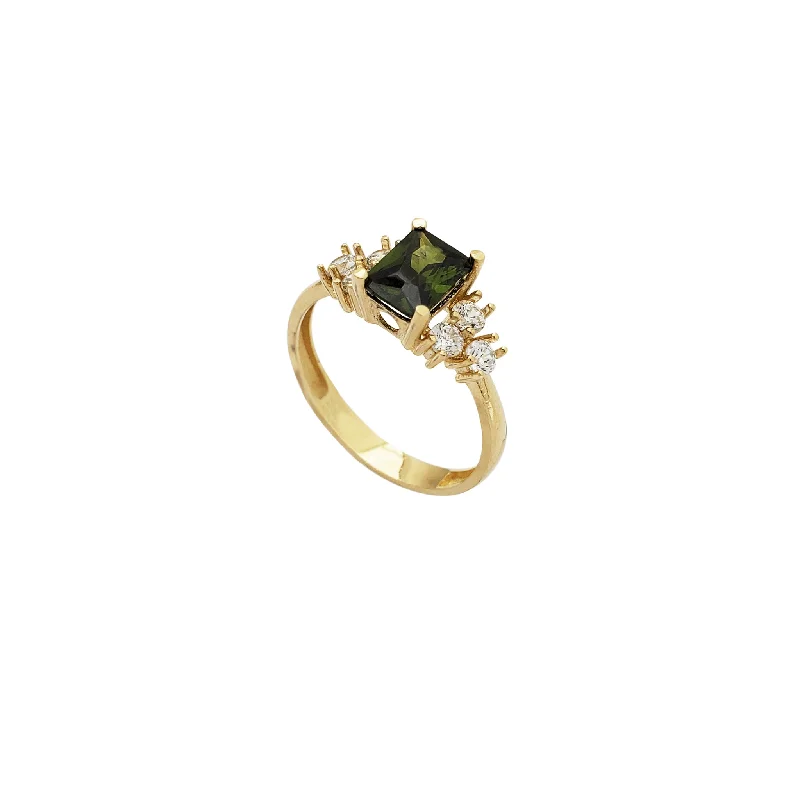 Ladies engagement rings yellow gold -Zirconia Dark Green Emerald-Shape Engagement Ring (14K)