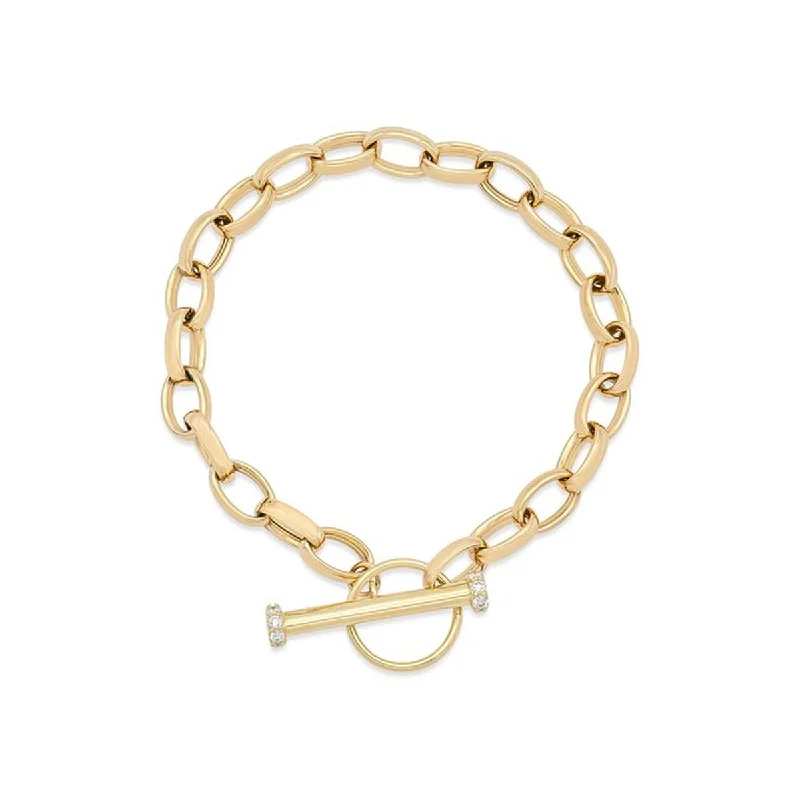 ladies-artisan-pearl-bracelets-YELLOW GOLD FANCY ROLO BRACELET WITH TOGGLE CLASP AND DIAMONDS, .25 CT TW