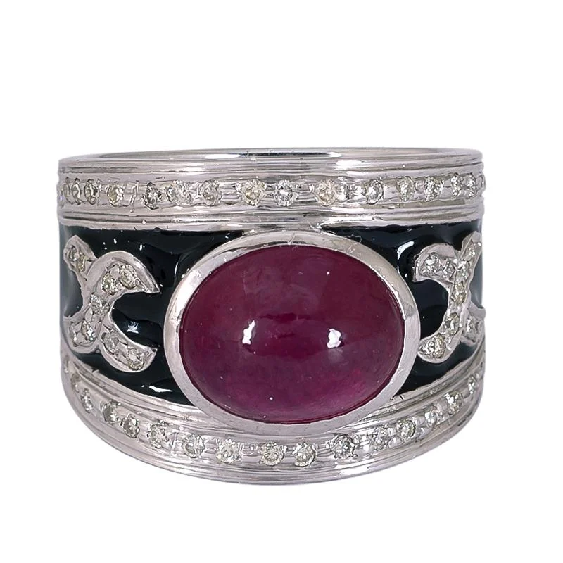 Ladies rings unique rings -Ring- Glass Filled Ruby and Diamond (Enamel)  (272QS)