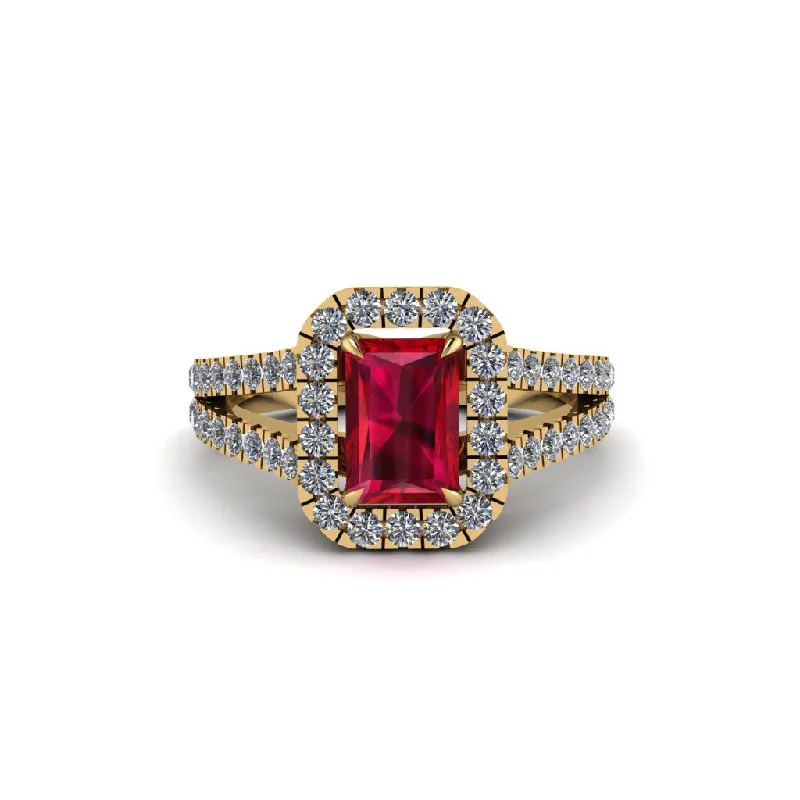 Ladies engagement rings for artistic brides -Radiant Cut Ruby Halo Split Shank Engagement Ring - Lainey No. 10